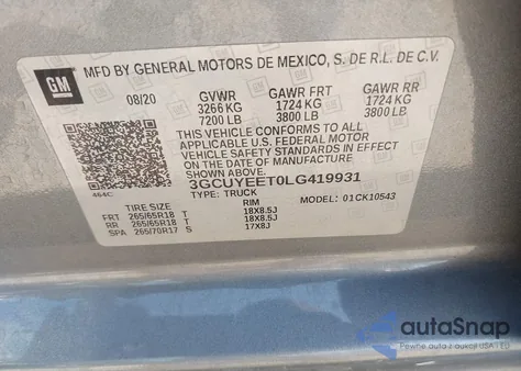 2020 Chevrolet Silverado 1500 4Wd Short Bed Rst z USA, uszkodzony, nr VIN 3GCUYEET0LG419931